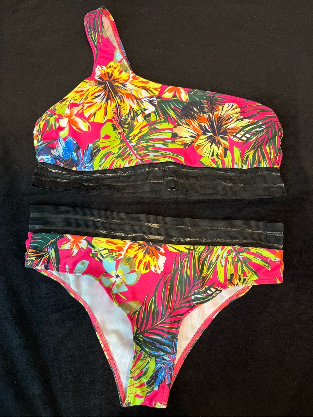SHEIN Fuchsia Tropical Floral One-Shoulder Bikini Set